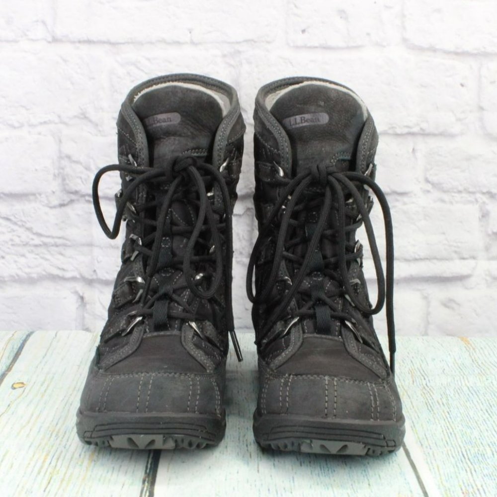 LL Bean Black Leather Lace Up Insulated Ankle Winter Boots Size 6.5 M - Picture 4 of 9